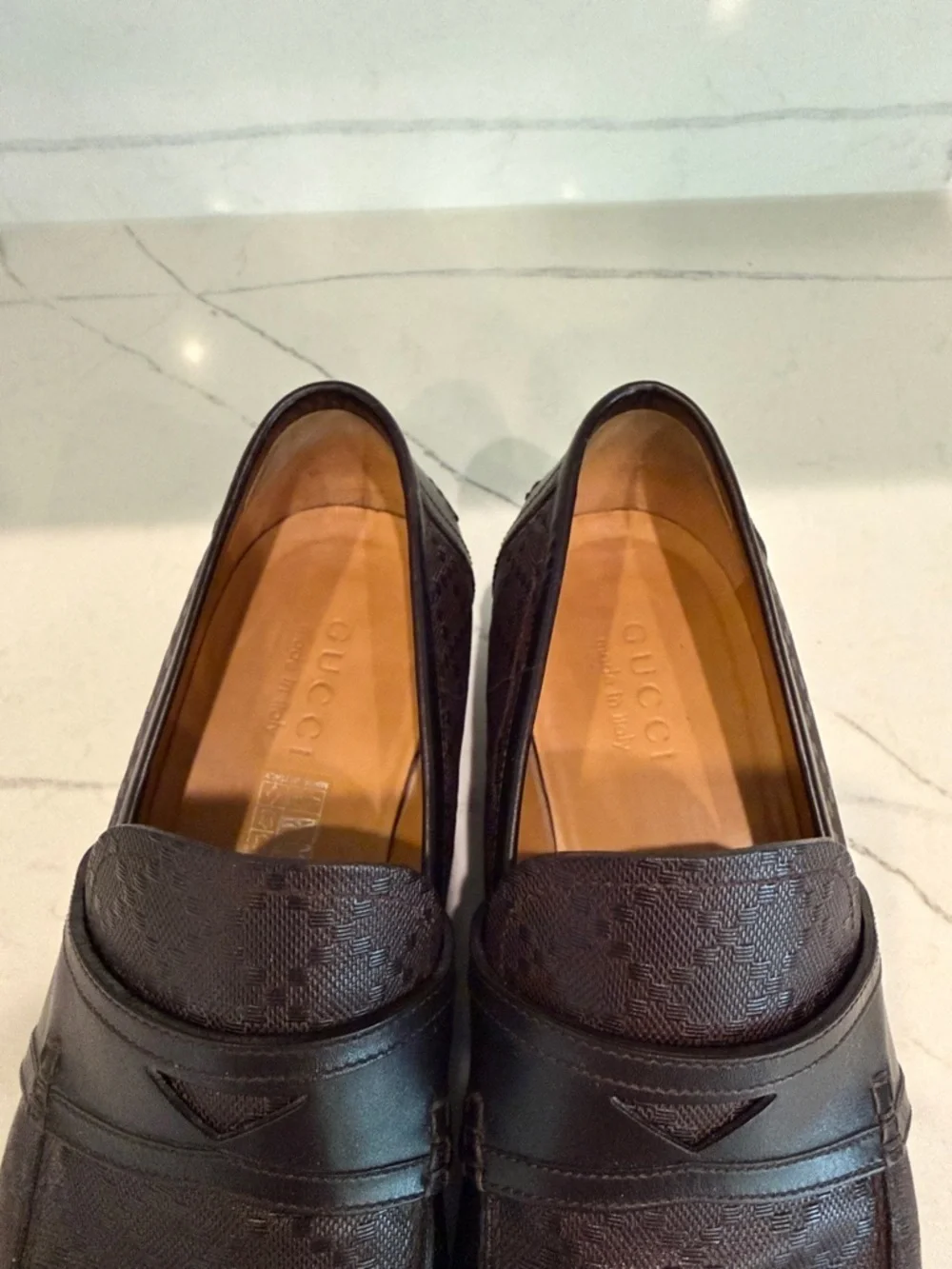 Gucci Dark Brown Monogram Leather Penny Loafers